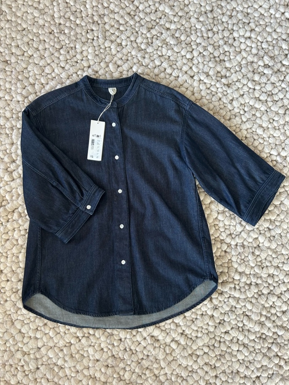 ARKET collarless 3/4 sleeve raw denim button up shirt - Picture 5 of 8
